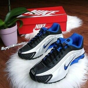 7Y | 8.5 Women's nike SHOX R4 BLACK SILVER / BLUE